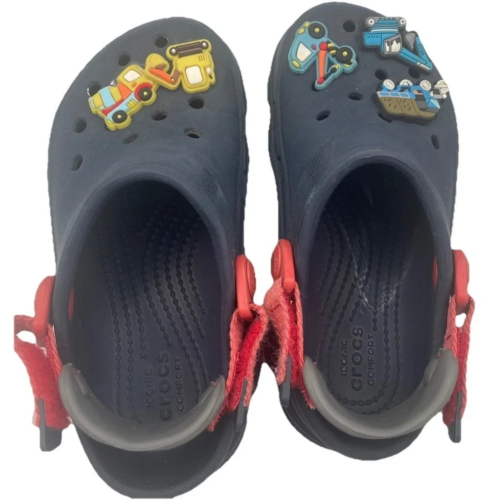 Crocs Kids C11 Preschool Classic Clogs Navy Red Construction Jibbitz Charms Shoe